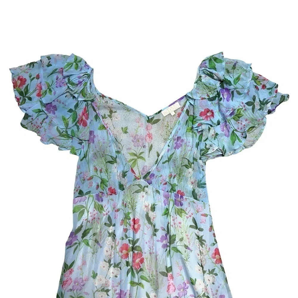 byTiMo Light Blue Floral Chiffon Ruffled Short Sleeve Maxi Dress US S - Picture 2 of 7